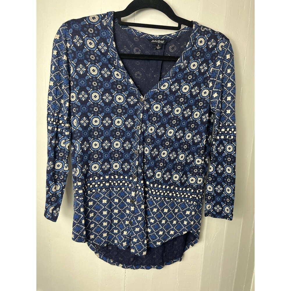 LUCKY BRAND Blue Floral Print V-Neck Button Front Top Size Small